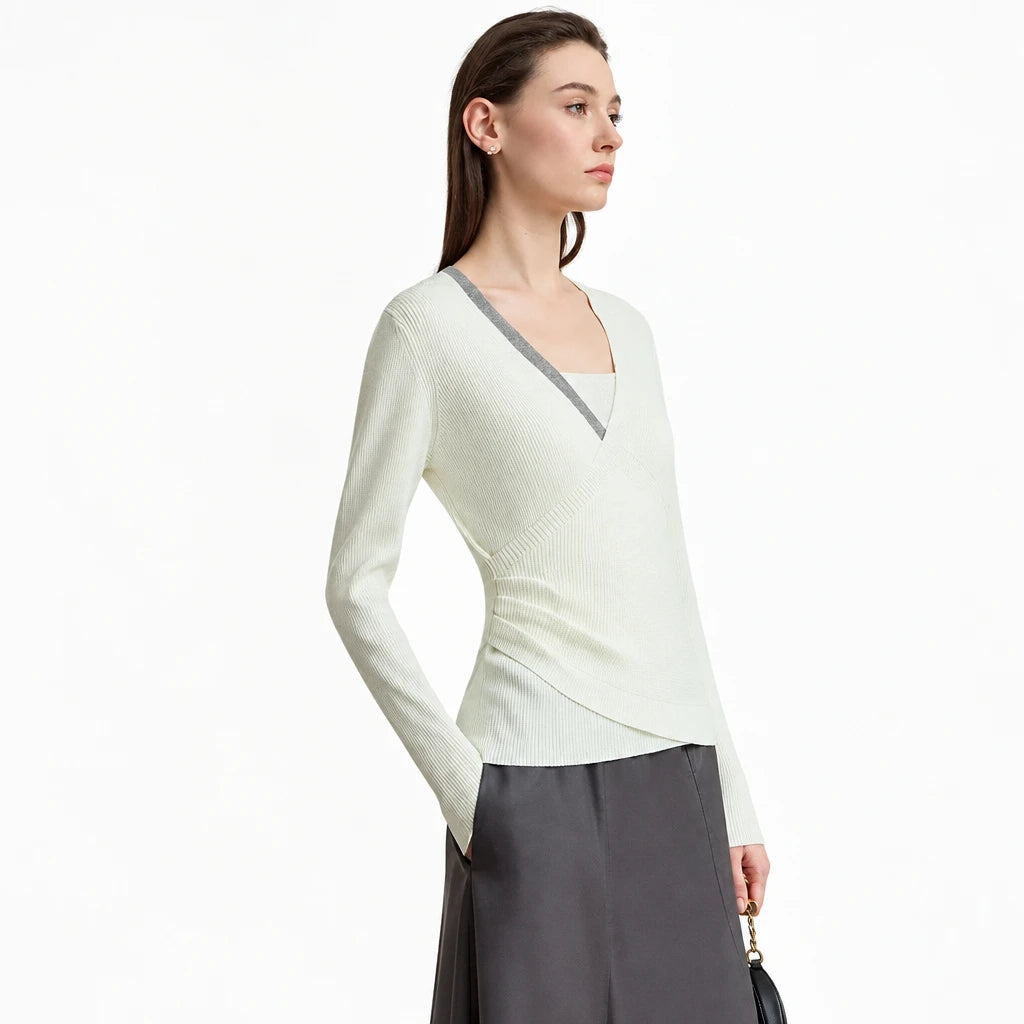 Women's V-Neck Slim Knit Sweater - Elegant Minimalist Office Pullover