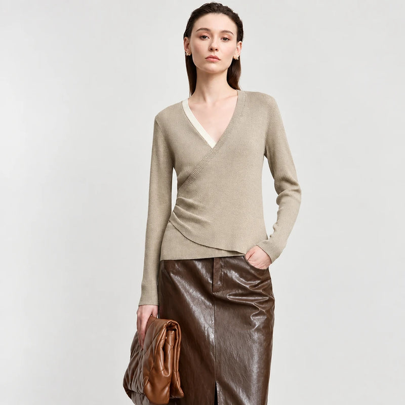 Women's V-Neck Slim Knit Sweater - Elegant Minimalist Office Pullover