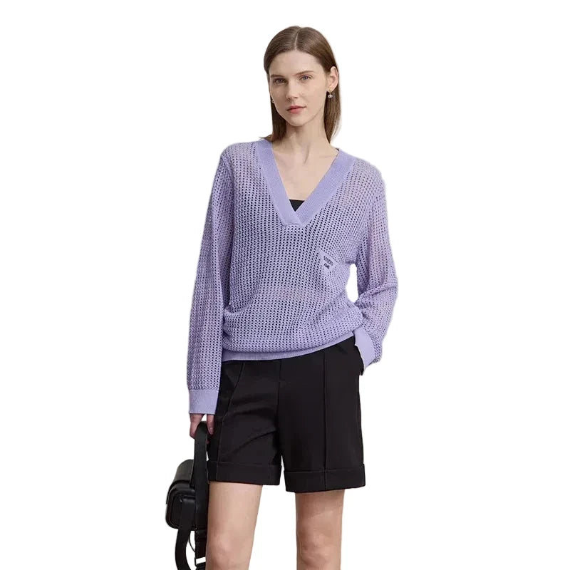 Women's V-Neck Knit Pullover - Minimalist Loose Autumn Top