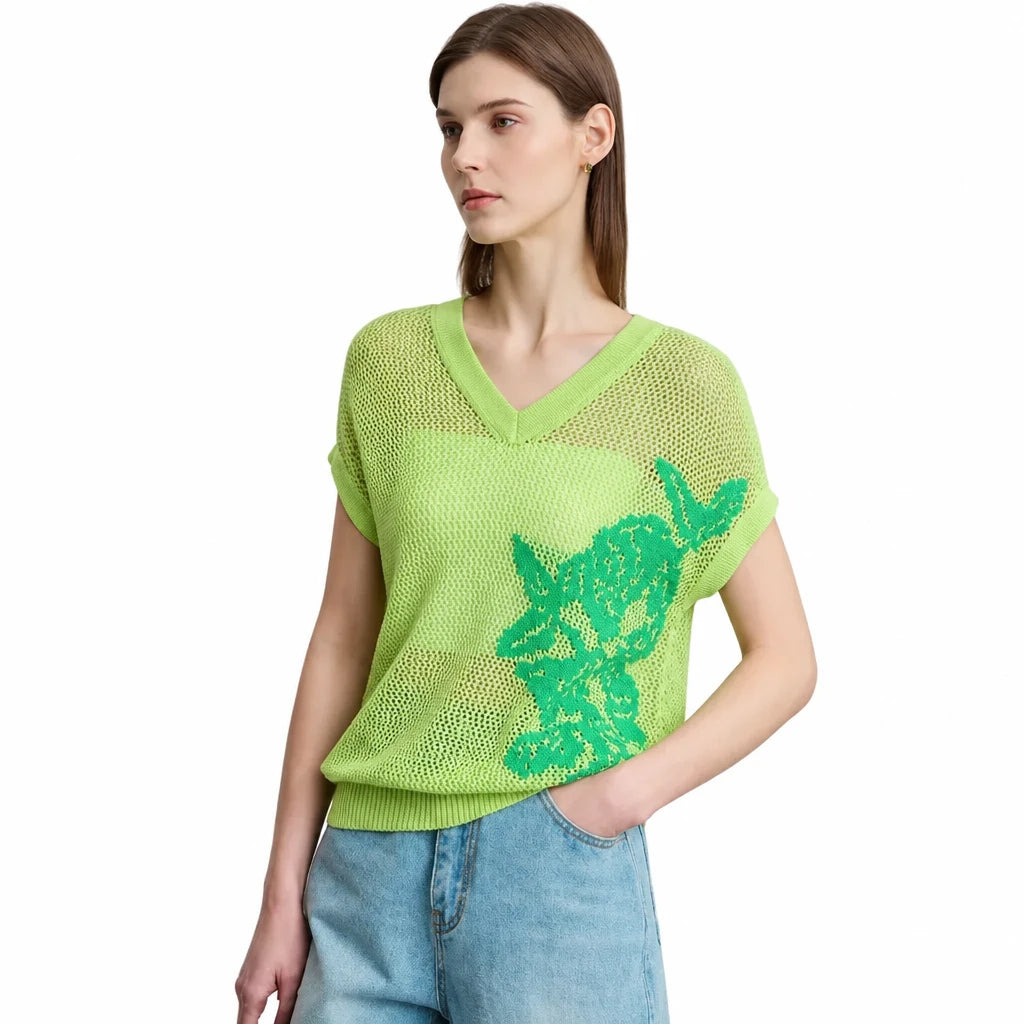 V-Neck Hollow Out Summer Sweater - Minimalist Short Sleeve Top