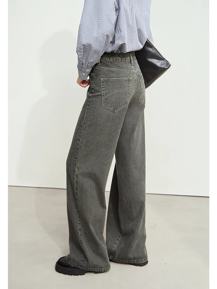 Women's Wide-Leg Cotton Denim Jeans - Retro Loose Floor-Length Pants