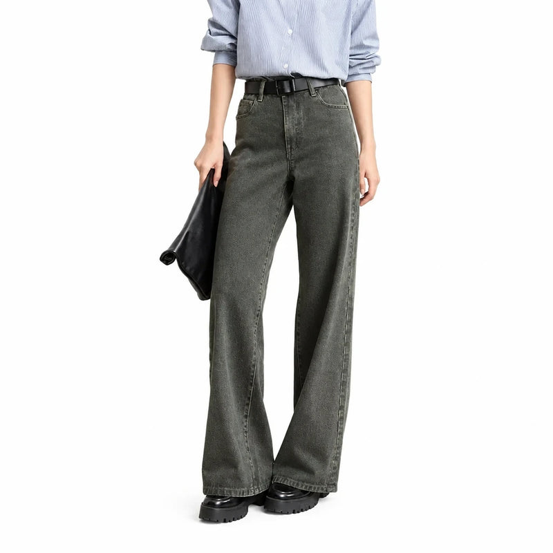Women's Wide-Leg Cotton Denim Jeans - Retro Loose Floor-Length Pants