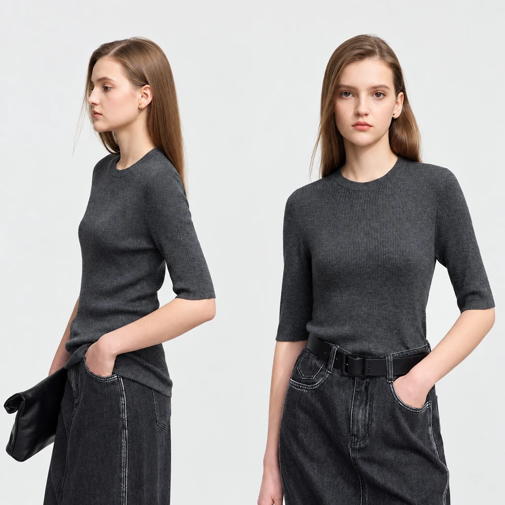Women's Minimalist Knit Sweater - Autumn Mid-Sleeve Slim Pullover