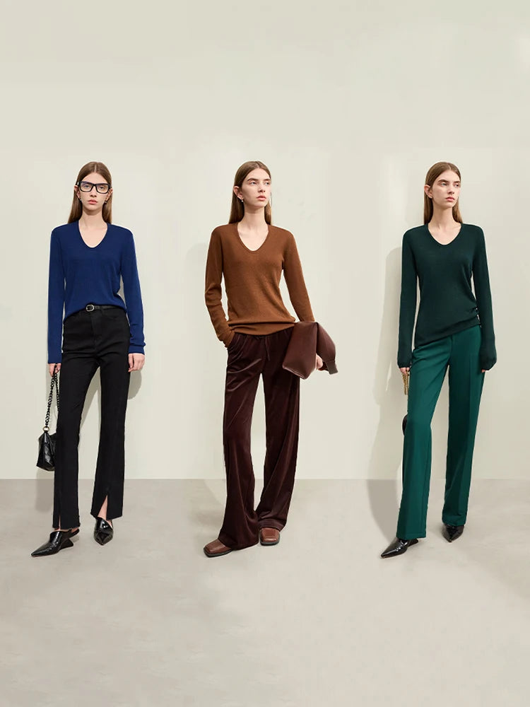 Elegant U-Neck Slim-Fit Knitted Pullover for Autumn Casual Wear