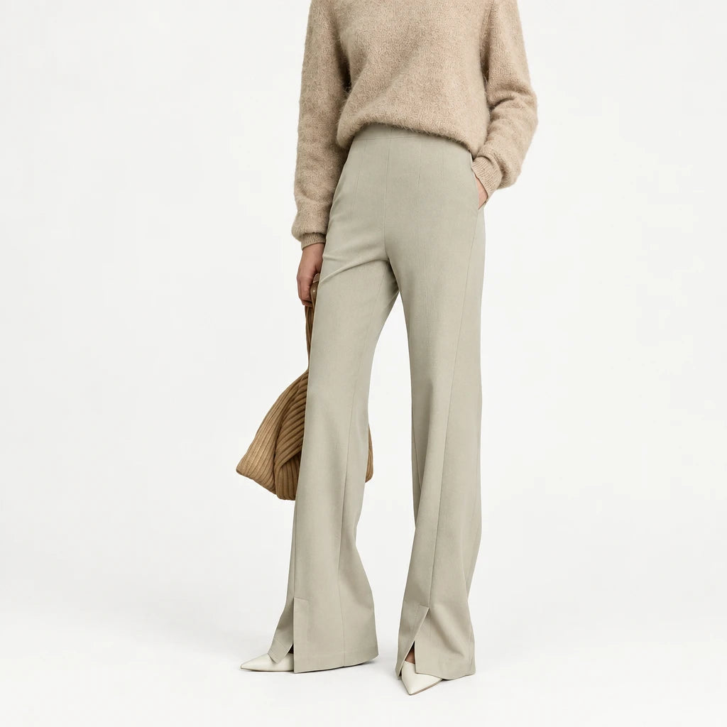 High Waist Flare Pants - Minimalist Front Slit Commuter Trousers