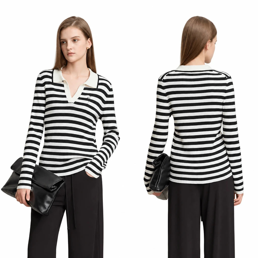Women's Striped Knit Polo - Minimalist Long Sleeve Casual Autumn Top