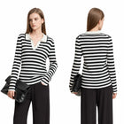 Women's Striped Knit Polo - Minimalist Long Sleeve Casual Autumn Top