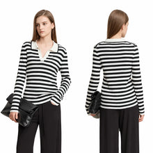 Women's Striped Knit Polo - Minimalist Long Sleeve Casual Autumn Top