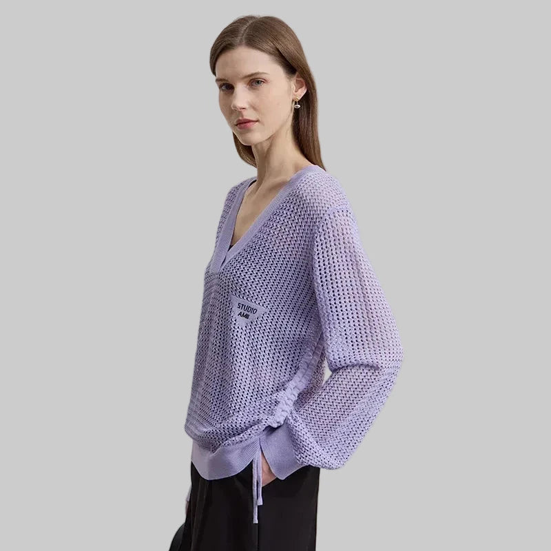 Women's V-Neck Knit Pullover - Minimalist Loose Autumn Top