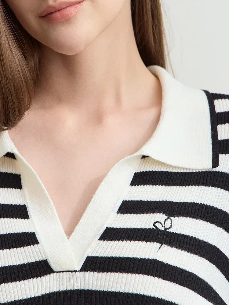 Women's Striped Knit Polo - Minimalist Long Sleeve Casual Autumn Top