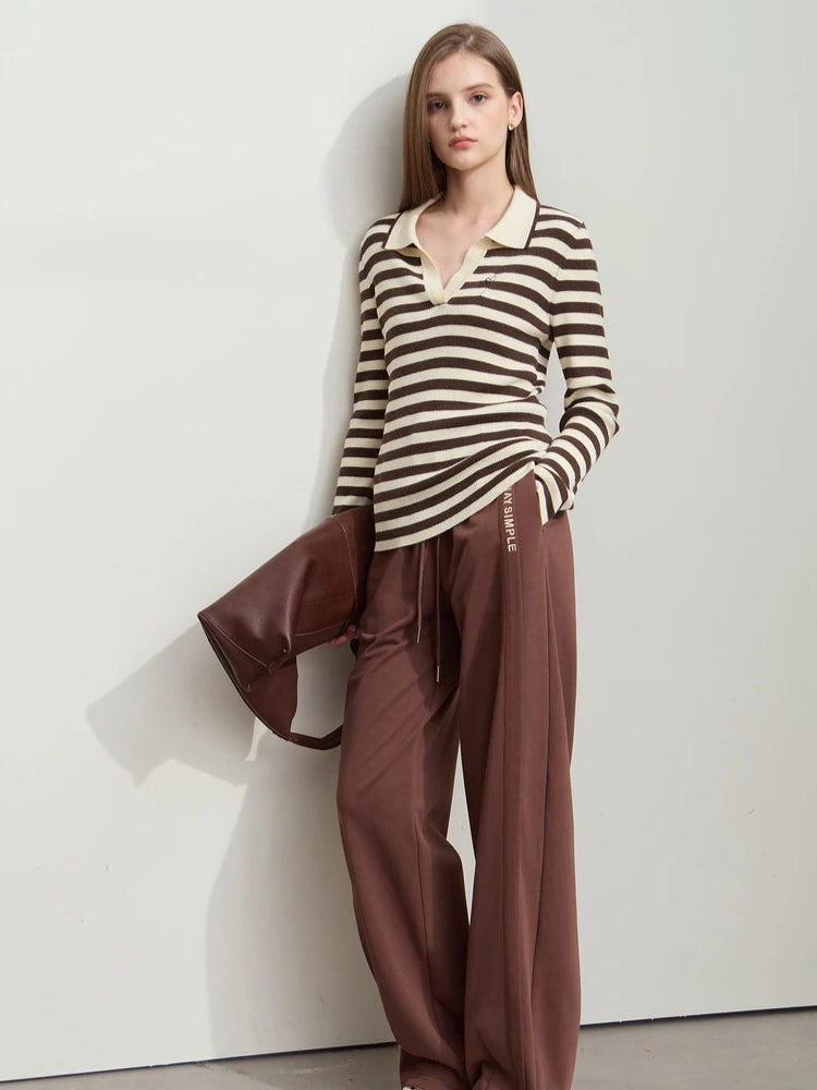 Women's Striped Knit Polo - Minimalist Long Sleeve Casual Autumn Top