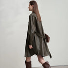 Women's Retro Faux Leather Jacket - Loose Fit Belted Autumn Coat