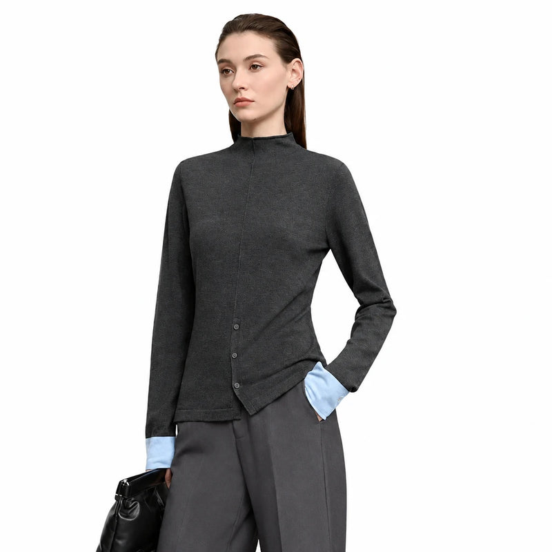 Women's Mock Neck Knitted Sweater - Autumn Long Sleeve Pullover