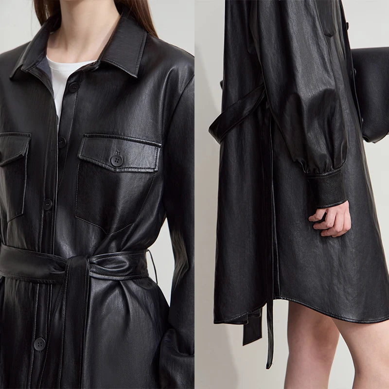 Women's Retro Faux Leather Jacket - Loose Fit Belted Autumn Coat