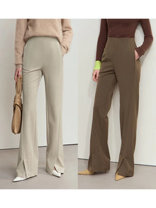 High Waist Flare Pants - Minimalist Front Slit Commuter Trousers