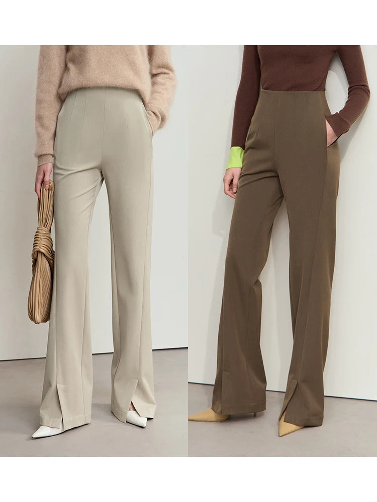 Women's High Waist Flared Slit Pants - Casual Winter Trousers