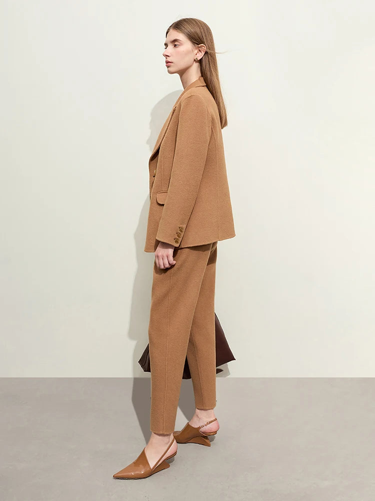 Minimalist Women's Woolen Belted Coat & Slim Casual Pants