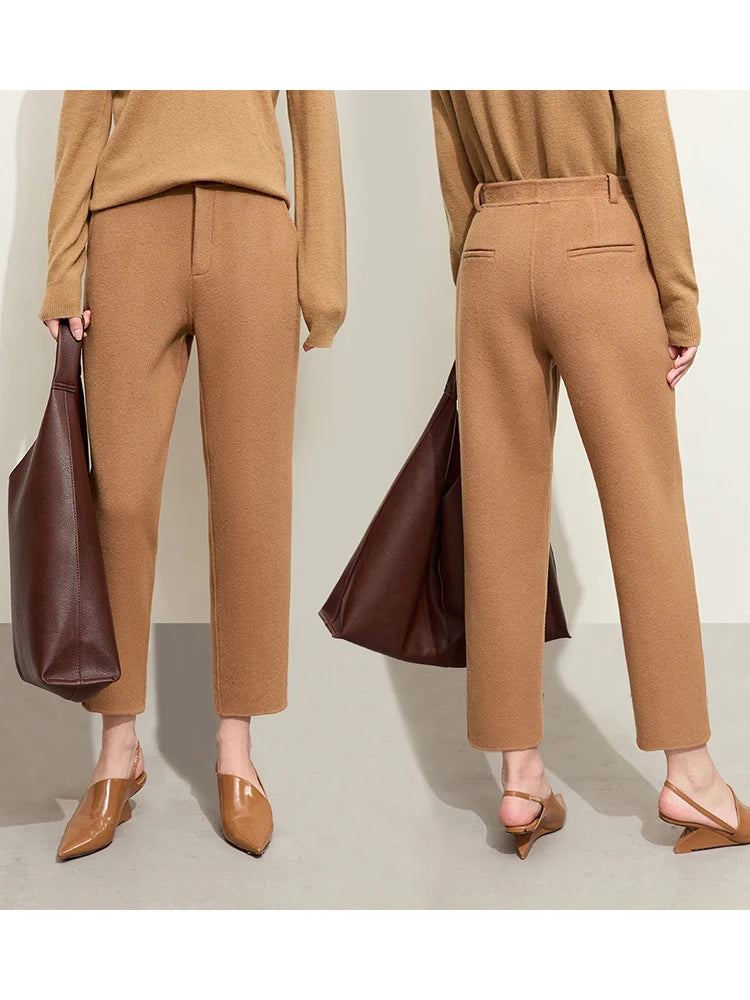 Minimalist Women's Woolen Belted Coat & Slim Casual Pants