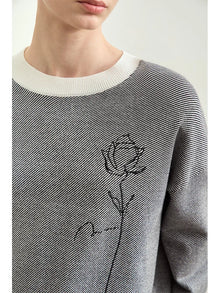Women's Rose Embroidered Loose Knit Sweater - Autumn Contrast Top