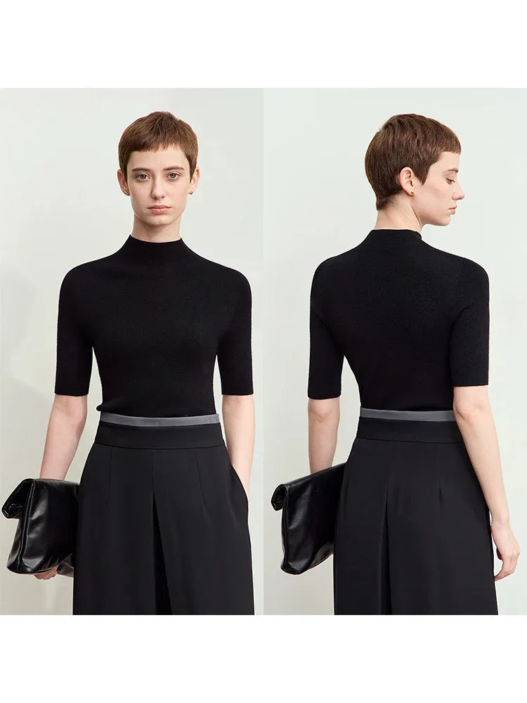 Women's Worsted Wool Half Turtleneck Sweater | Slim Minimalist Pullover