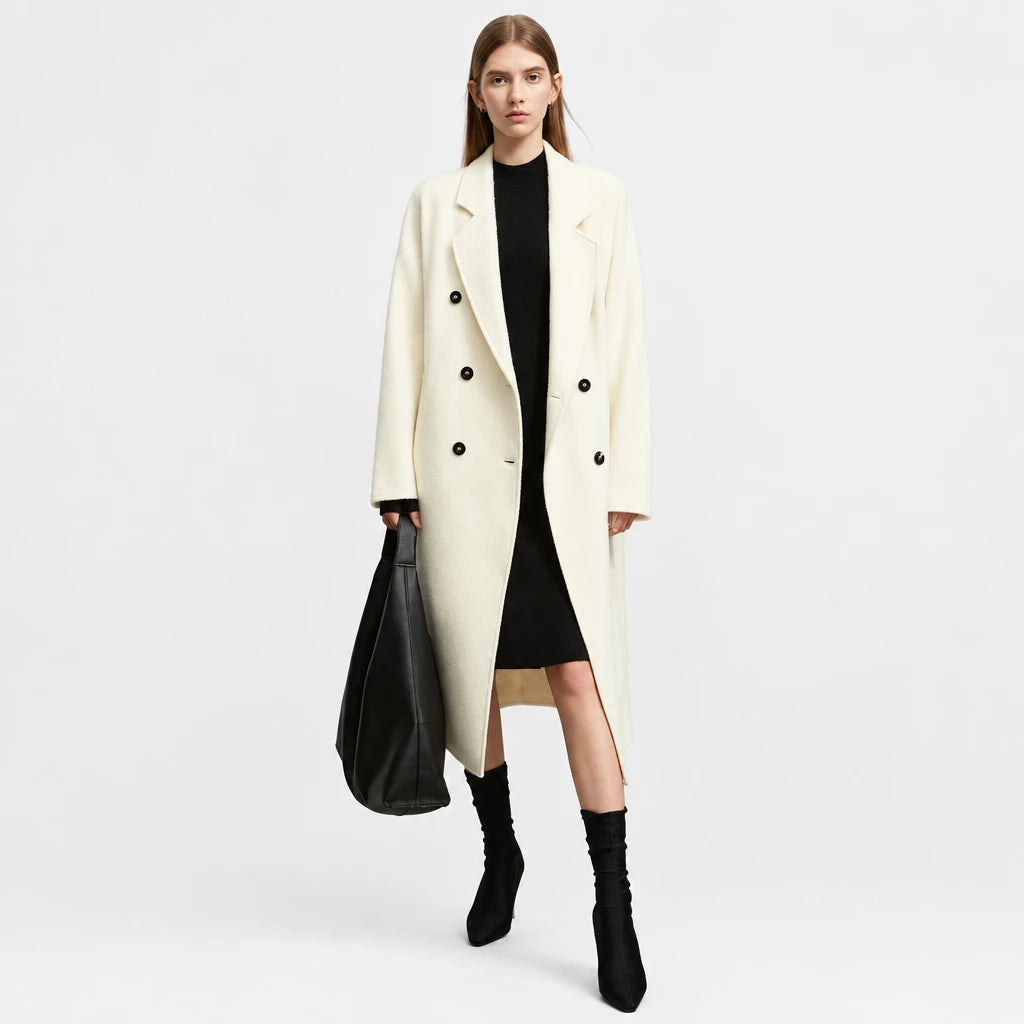 Women's Wool Mohair Long Coat - Double-Breasted Winter Overcoat