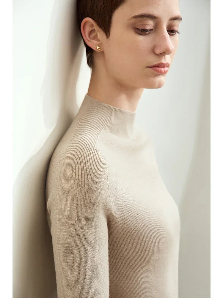 Women's Worsted Wool Half Turtleneck Sweater | Slim Minimalist Pullover