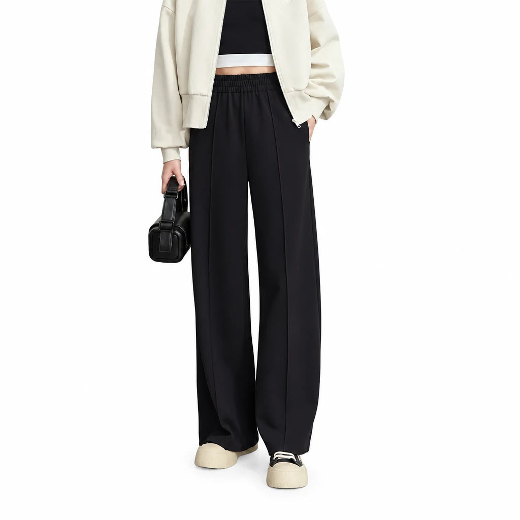 Women's Straight Pleated Pants - Minimalist Elastic Waist Casual Wear
