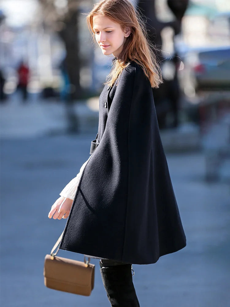 French Retro Wool Cape Coat - Elegant Winter Outerwear