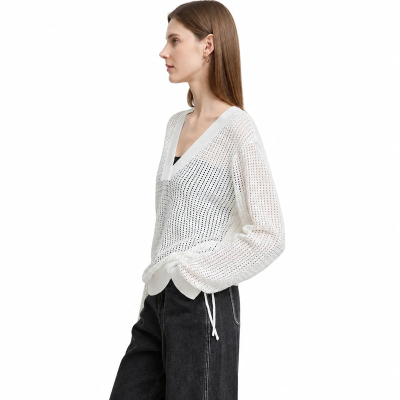 Women's V-Neck Knit Pullover - Minimalist Loose Autumn Top