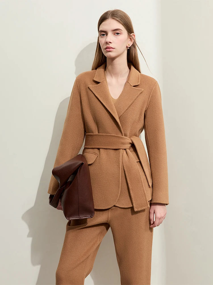Minimalist Women's Woolen Belted Coat & Slim Casual Pants